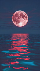 Red moon over the vast ocean