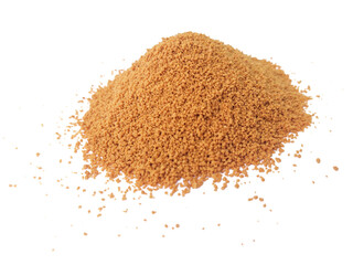 Pile of organic coconut palm sugar on white background, also known as palm sugar. Palm sugar is a sweetener that comes from various types of palm trees.