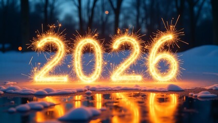 Sparkling 2026 numbers in snow, concept for New Year celebration and winter holidays greeting card design.