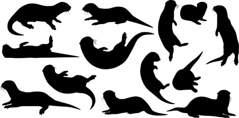 Vector illustration of otter silhouettes in various poses
