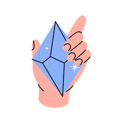 Hand holding a magic crystal. Spirituality crystal. Mineral, precious stone or gem. Vector illustration.