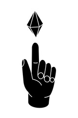 Hand holding a magic crystal. Mystical, esoteric, spirituality crystal. Vector illustration.