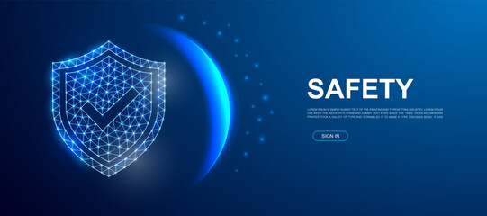Shield with check mark 3d polygonal symbol for website template. Low poly cyber security illustration. Internet safety design illustration concept.