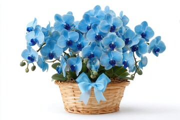 Beautiful blue orchid arrangement in wicker basket with light blue bow