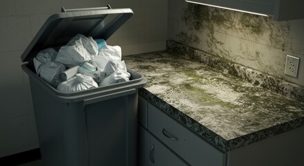 Overflowing trash can in a dimly lit kitchen
