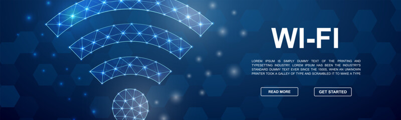 Wi-Fi polygonal horizontal banner. Internet zone low poly symbol for head promotion banner. Connection design template illustration