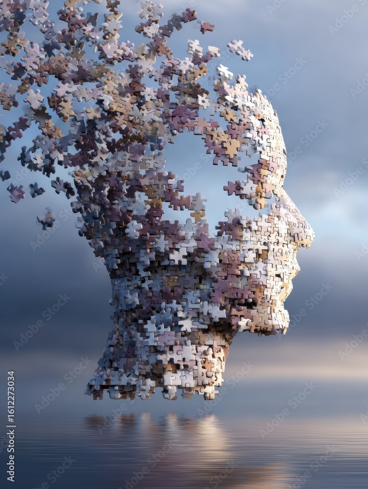 Poster human head composed of puzzle pieces with a missing piece floating above a calm background at twilig