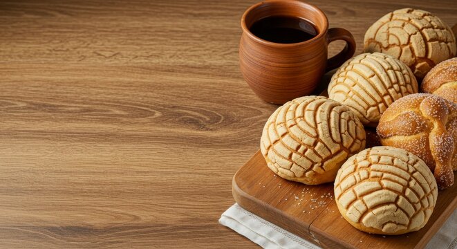 Sweet mexican bread conchas on a wooden board with coffee. Traditional pastries and hot drink for breakfast or snack.