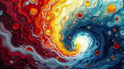 Vibrant swirling cosmic energy unfolds in a mesmerizing dance of fiery reds, sunny yellows, and cool blues, creating a dynamic and captivating abstract flow - Powered by Adobe