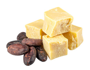 Pure cocoa butter blocks and natural raw cocoa beans ready for delicious chocolate making