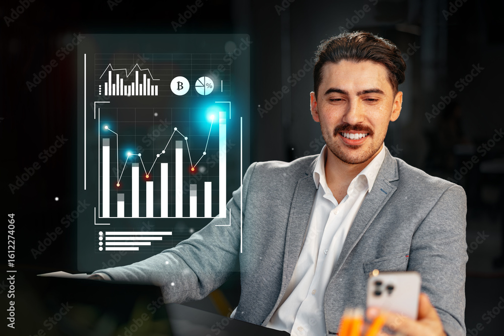 Aufkleber business professional analyzing financial data while using smartphone in modern office setting