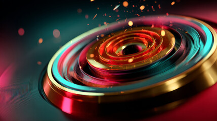 Close-up abstract shot of stylized golden and red vinyl speaker with sparks and glowing light effects