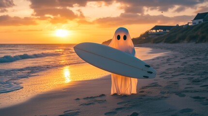 A ghost with a surfboard on the beach at sunset.A creepy ghost in a white sheet with a surfboard in his hands, standing on a sandy beach at sunset. Halloween on the beach. A holiday on vacation.