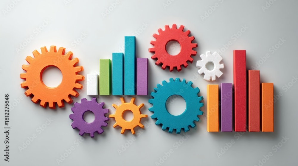 Poster visual representation of thought processes using colorful gears and charts, highlighting creativity,