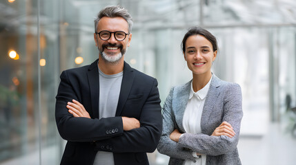 
Two confident business professionals standing side by side with arms crossed, modern glass office environment, friendly and professional mood, bright daylight through windows, medium composition with
