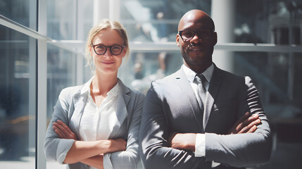 
Two confident business professionals standing side by side with arms crossed, modern glass office environment, friendly and professional mood, bright daylight through windows, medium composition with