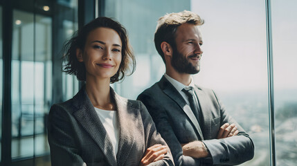 
Two confident business professionals standing side by side with arms crossed, modern glass office environment, friendly and professional mood, bright daylight through windows, medium composition with