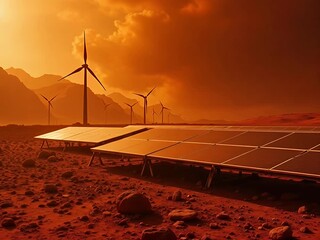 Red Dust Storm Sweeps Across Martian Solar Farm with Spinning Turbines at Dusk - Powered by Adobe