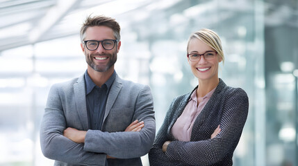 
Two confident business professionals standing side by side with arms crossed, modern glass office environment, friendly and professional mood, bright daylight through windows, medium composition with