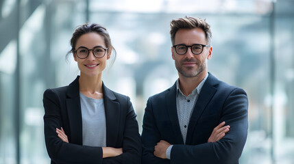 
Two confident business professionals standing side by side with arms crossed, modern glass office environment, friendly and professional mood, bright daylight through windows, medium composition with