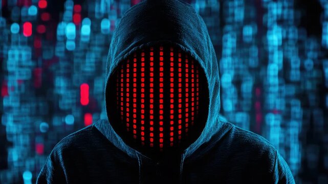 Hooded figure with binary code face in dark digital background