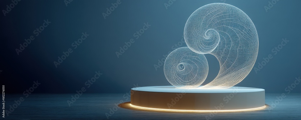Poster abstract wireframe shell forms displayed atop a minimalist illuminated platform