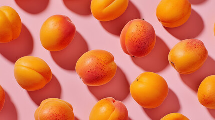 Vibrant and appetizing scene with sweet apricots placed on a pink background, creating a cheerful and colorful contrast.

