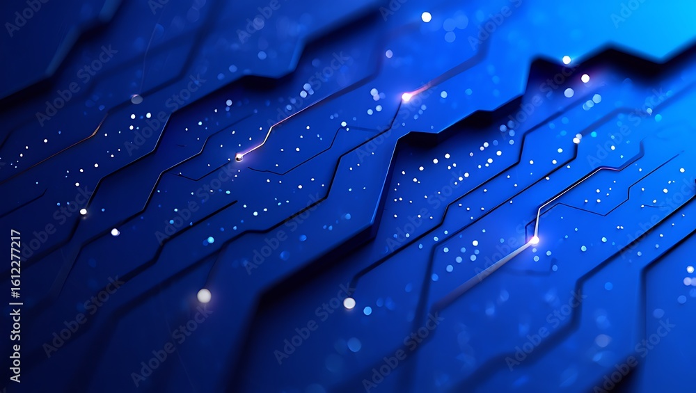 Poster abstract blue circuit board with glowing lights and data flow