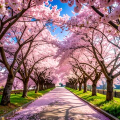 Pink cherry blossoms line a path