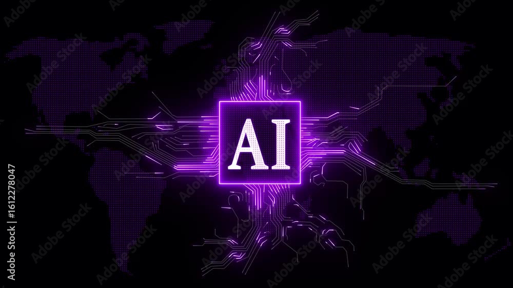 Poster concept: advanced futuristic 4k ai chip set and electric circuit with data transfer moving on dark b
