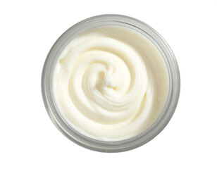 Luxurious creamy cosmetic texture swirled in a clear jar, perfect for beauty product advertising.