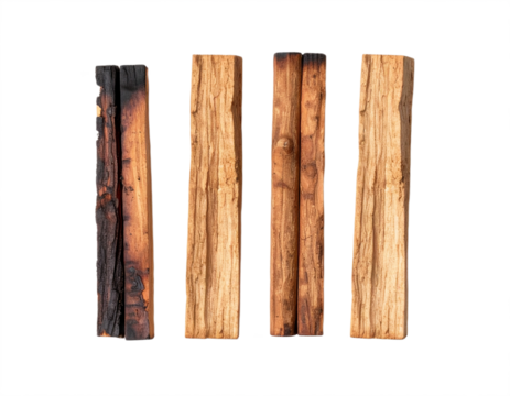 Four Palo Santo sticks, one charred, showcasing natural wood texture and spiritual cleansing properties