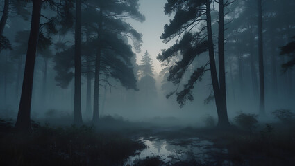 Fototapeta premium Misty forest landscape with tall trees and a reflection on the water creating a serene and mysterious atmosphere.