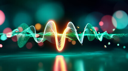 Glowing audio waveform pulse in orange and teal colors with vibrant digital reflections