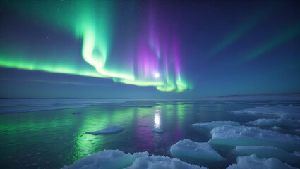 Aurora borealis paints the night sky with vibrant hues above a frozen, icy landscape, a celestial spectacle.