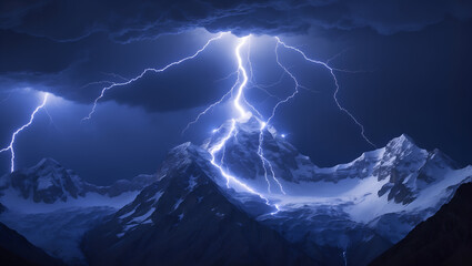 Dramatic view of lightning striking snowy mountain peaks, showcasing nature's power in a vivid display.