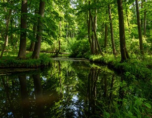 Obraz premium Lush forest reflects in tranquil water