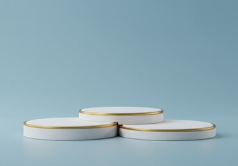 Minimalist Stage with Three Tiers and Gold Trim against a Soft Blue Background