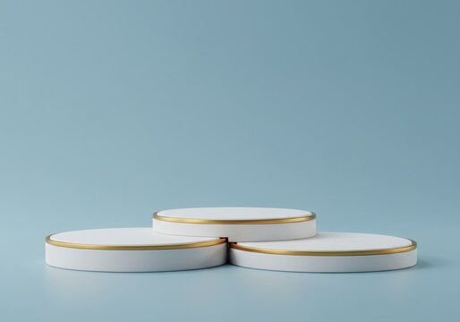 Minimalist Stage with Three Tiers and Gold Trim against a Soft Blue Background