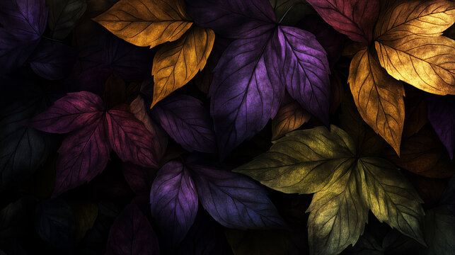 Autumn leaves in rich purple and golden hues. Vibrant foliage pattern for seasonal decoration and design