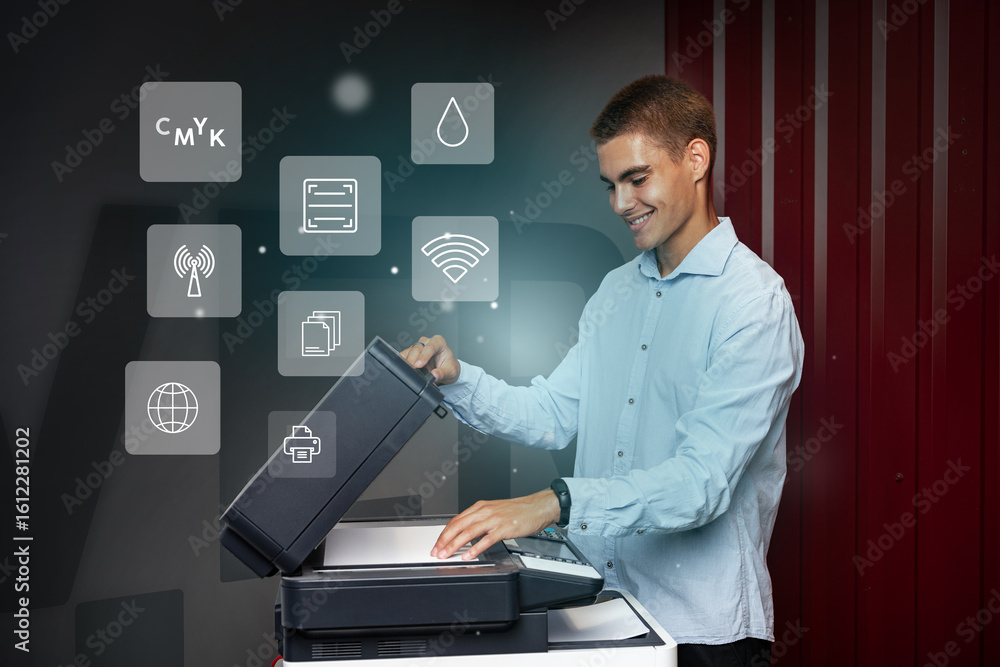 Poster man operates modern printer in an office setting showcasing various functions during the day