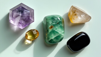 Assortment of colorful polished gemstones, including amethyst, fluorite, citrine, obsidian, displayed together.