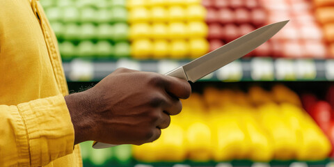 Armed attack in a grocery store. A man holds a knife in his hand in a supermarket.