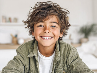 Joyful Latin preteen boy laughing in his cozy bedroom. Perfect for family lifestyle, childhood happiness, home decor, education, or parenting-related content.