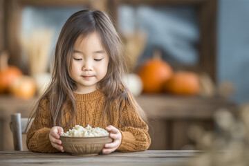 Little Asian girl serving mashed potatoes in a cozy kitchen with blurred pumpkins in the background. Perfect for holiday, family cooking, Thanksgiving, and lifestyle visuals.