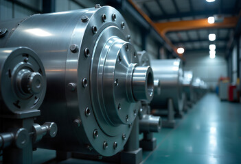 Advanced manufacturing plant: rows of identical machinery reflect bright, efficient lighting