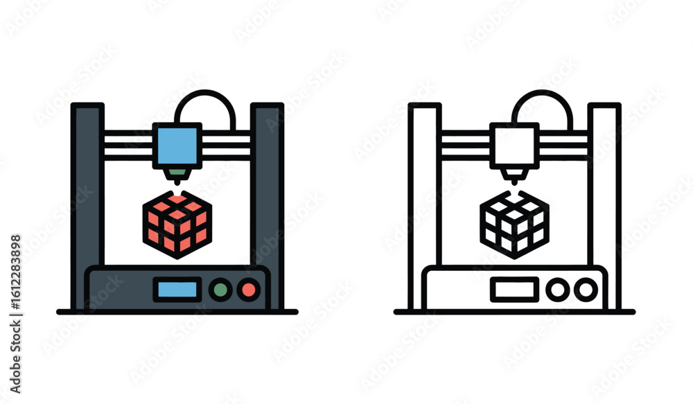 Poster illustrations of a 3d printer creating a geometric shape in both color and black and white