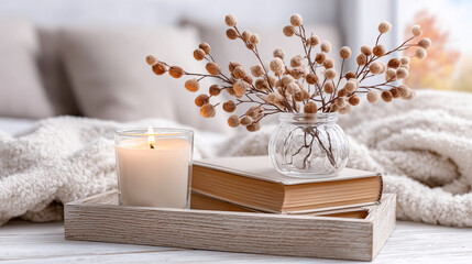 Cozy still life with a candle, dried flowers in a glass vase, and books on a wooden tray.