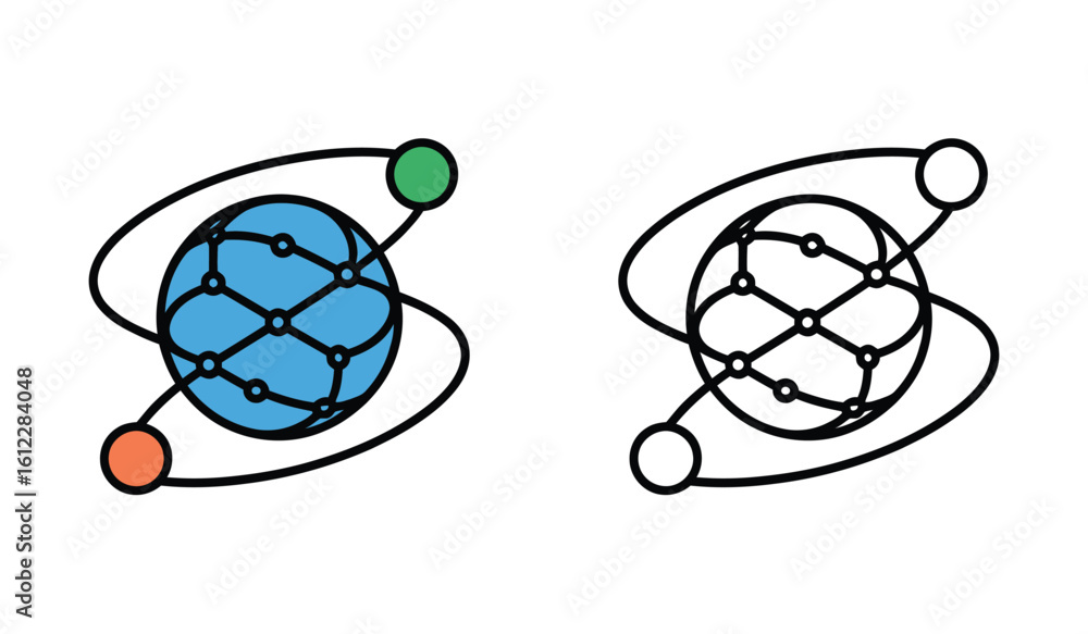 Poster network globe graphic with orbitals represents connectivity and global communication in two variatio