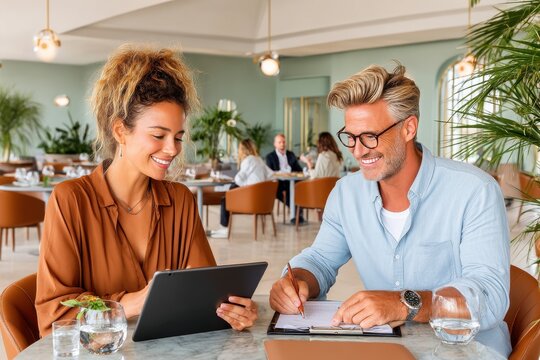 Two colleagues collaborating on a project while seated in a modern cafe space